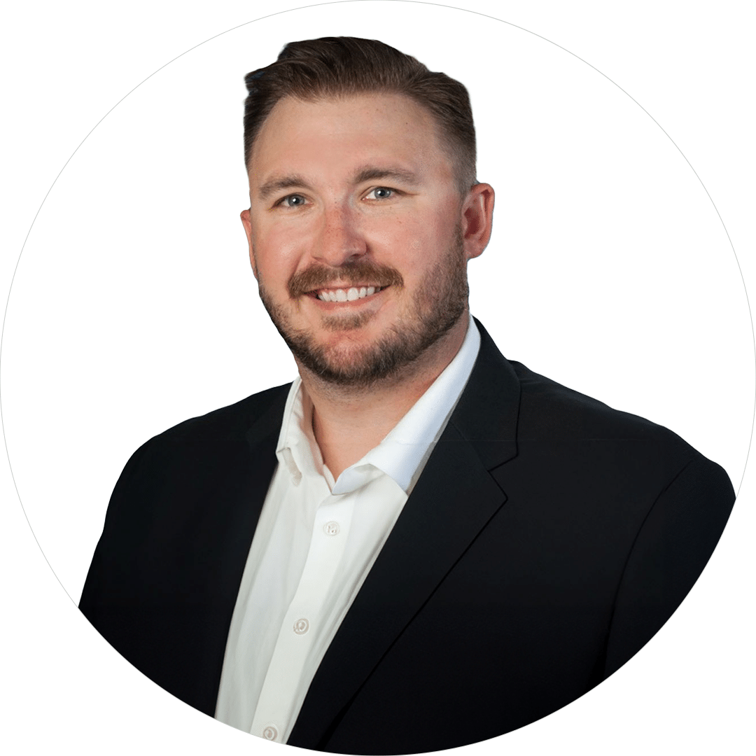 A headshot of Kyle Smith, Business Manager - Laser Automation at Lincoln Electric Automation, inside a white circle