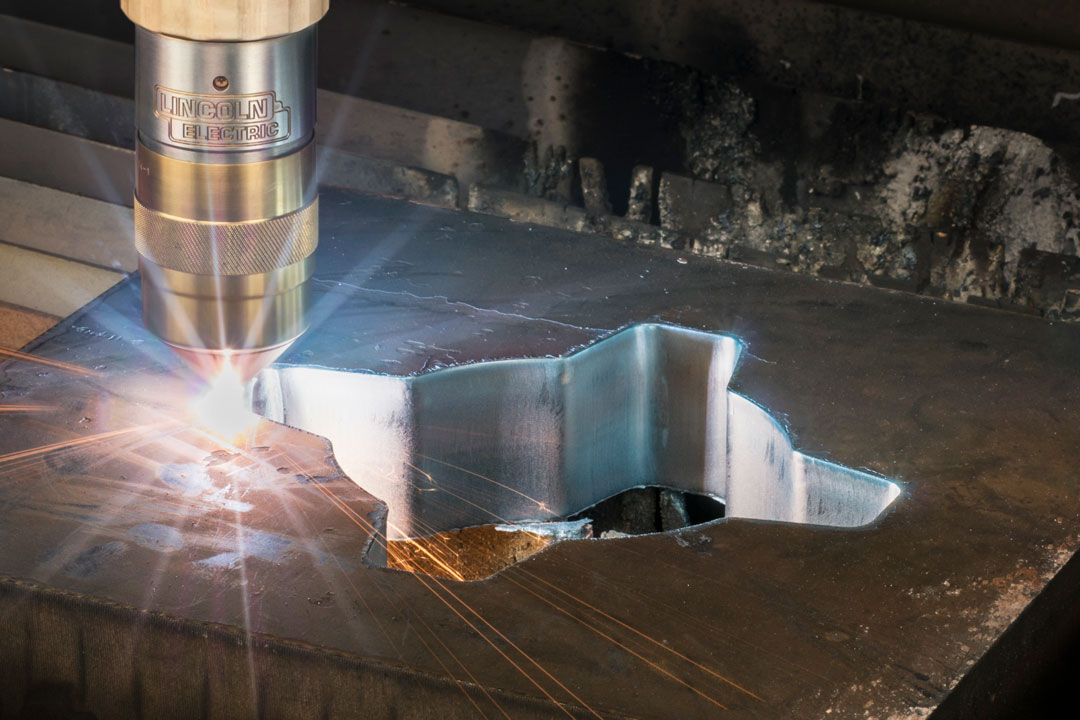 A plasma cutter cutting a component for large tooling or parts for the shipbuilding industry