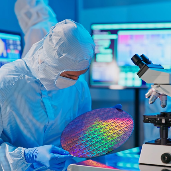 A scientist examining a silicon wafer for semiconductors in a clean room